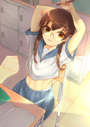 Rule 34 | 1girl, abs, arm behind head, arms up, book, braid, brown eyes, brown hair, chair, classroom, crop top, desk, evening, glasses, hair ornament, hair over shoulder, hairclip, highres, holding, holding pencil, inaba makoto, indoors, locker, long hair, looking at viewer, looking up, midriff, mole, mole under eye, navel, on chair, open book, original, parted lips, pencil, pleated skirt, rimless eyewear, round eyewear, sailor collar, school, school chair, school desk, school uniform, serafuku, shade, short sleeves, sitting, skirt, solo, stretching, sunlight, tile floor, tiles, twin braids, twintails