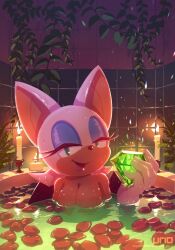 Rule 34 | 1girl, bat wings, bath, blue eyes, breasts, candle, chaos emerald, eyeshadow, female focus, furry, furry female, gloves, highres, large breasts, lipstick, looking at viewer, makeup, petals, rose petals, rouge the bat, short hair, solo, sonic (series), uno yuuji, upper body, wet, white hair, wings