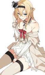 Rule 34 | 1girl, asakawa (outeq), bare shoulders, between legs, blonde hair, blue eyes, blush, braid, breasts, cleavage, commentary request, corset, crown, dress, flower, french braid, hair between eyes, hairband, hand between legs, hand on own head, jewelry, kantai collection, long hair, long sleeves, looking at viewer, looking up, mini crown, necklace, off-shoulder dress, off shoulder, parted lips, red flower, red ribbon, red rose, ribbon, rose, simple background, solo, thighhighs, warspite (kancolle), white background, white dress, white thighhighs