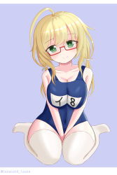 Rule 34 | ahoge, blonde hair, blue eyes, breasts, glasses, hair between eyes, highres, i-8 (kancolle), kantai collection, large breasts, looking at viewer, low twintails, name tag, one-piece swimsuit, purple background, red-framed eyewear, school swimsuit, semi-rimless eyewear, sitting, swimsuit, thighhighs, tuna-nuki tanasando, twintails, twitter username, under-rim eyewear, wariza, white thighhighs
