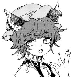 1girl animal_ear_fluff animal_ear_piercing animal_ears bow bowtie cat_ears cat_girl chen fang greyscale hamriku hat highres looking_at_viewer mob_cap monochrome nail_polish open_mouth short_hair solo touhou upper_body