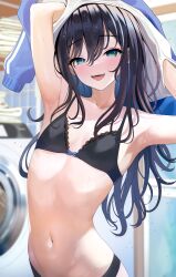 Rule 34 | 1girl, :d, absurdres, armpits, blue eyes, blue hair, bra, breasts, collarbone, highres, jacket, lace, lace-trimmed bra, lace trim, long hair, looking at viewer, navel, open mouth, original, panties, small breasts, smile, solo, teeth, track jacket, turisasu, underwear, upper teeth only, washing machine, water, water drop, wet