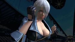 Rule 34 | 1girl, 3d, angel (kof), animated, animated gif, belt, belt buckle, bikini, bikini bottom only, black gloves, black jacket, blue eyes, bouncing breasts, breasts, buckle, chaps, cleavage, cropped jacket, female focus, fingerless gloves, gloves, hair over one eye, hand gesture, jacket, large breasts, leaning forward, leather, leather jacket, long sleeves, navel, one eye covered, outdoors, parted lips, revealing clothes, short hair, smile, snk, solo, stadium, standing, swimsuit, the king of fighters, the king of fighters xiv, unzipped, white hair, zipper