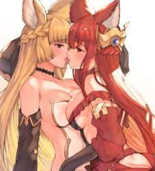 Rule 34 | 2girls, animal ears, anthuria, ass, ass cutout, bad id, bad pixiv id, bare shoulders, black choker, blonde hair, blunt bangs, blush, breast press, breasts, butt crack, choker, cleavage, clothing cutout, collarbone, commentary request, detached sleeves, erune, eye contact, french kiss, granblue fantasy, highres, kiss, koretsuki azuma, large breasts, long hair, looking at another, multiple girls, purple eyes, red eyes, red hair, simple background, sweat, symmetrical docking, tongue, tongue out, white background, yuisis (granblue fantasy), yuri