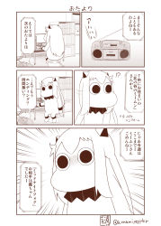 Rule 34 | !?, (o) (o), 1girl, abyssal ship, bookshelf, collar, comic, commentary request, highres, horns, kantai collection, keyboard (computer), long hair, mittens, monitor, monochrome, moomin, mouse (computer), muppo, radio, sazanami konami, sidelocks, sitting, solo, tail, translation request, twitter username