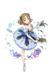 Rule 34 | 1girl, :d, ballet slippers, bare shoulders, blue flowers, blue skirt, brown hair, detached sleeves, flower, full body, green eyes, hair flower, hair ornament, highres, holding, holding flower, lily of the valley, looking at viewer, maria florence, official art, open mouth, plantar flexion, princess principal, princess principal game of mission, puffy short sleeves, puffy sleeves, short hair, short sleeves, skirt, smile, solo, standing, standing on one leg, tiptoes, transparent background