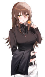 Rule 34 | 1girl, belt, black belt, black shirt, blush, breasts, candy, food, highres, jewelry, kinona, large breasts, lollipop, long hair, long sleeves, necklace, open mouth, original, pants, shirt, simple background, solo, white background, white pants, yellow eyes