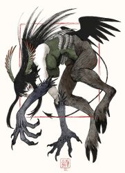 Rule 34 | 1girl, animal feet, animal hands, artist logo, black hair, breasts, chimera, claws, commentary, dated, demon tail, english commentary, fancyrook, feathered wings, full body, head wings, highres, hooves, long hair, looking at viewer, low wings, medium breasts, monster girl, original, red eyes, tail, wings, yellow background