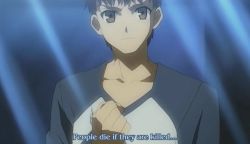 Rule 34 | 00s, 1boy, brown eyes, clenched hand, collarbone, emiya shirou, english text, fansub, fate/stay night, fate (series), male focus, master of the obvious, meme, obvious, people die if they are killed (meme), raglan sleeves, red hair, screencap, short hair, solo, subtitled, truth, what