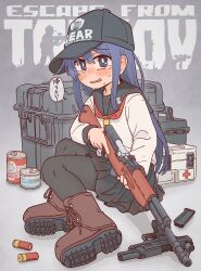 Rule 34 | 1girl, akatsuki (kancolle), ammunition box, anchor symbol, baseball cap, black pantyhose, black sailor collar, black skirt, blue eyes, blue hair, blush, bocchi-ya-nawi, boots, brown footwear, can, canned food, commentary request, container, copyright name, cross, cross-laced footwear, crying, crying with eyes open, english text, escape from tarkov, first aid kit, gun, handgun, hat, highres, holding, holding gun, holding weapon, kantai collection, long hair, long sleeves, magazine (weapon), mp-443 grach, neckerchief, on ground, open mouth, pantyhose, pleated skirt, red cross, red neckerchief, rifle, sailor collar, school uniform, serafuku, shotgun shell, skirt, sks, solo, sweat, tears, translated, wavy eyes, weapon, white serafuku
