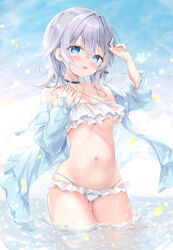 Rule 34 | 1girl, amedamacon, bikini, black choker, blue eyes, blush, breasts, choker, frilled bikini, frills, grey hair, highres, jacket, large breasts, looking at viewer, medium hair, navel, off shoulder, open clothes, open jacket, original, partially submerged, smile, solo, swimsuit, thighs, underboob
