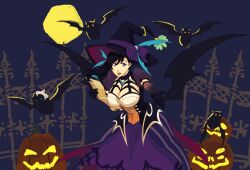 1girl bat_(animal) black_hair bleach bleach:_brave_souls blue_eyes breasts burn_the_witch cleavage dress elbow_gloves gate gloves halloween hat highres jack-o&#039;-lantern large_breasts long_hair moon niihashi_noel official_alternate_costume side_ponytail solo wings witch_hat