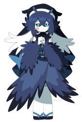 Rule 34 | 1boy, antenna hair, antennae, blue eyes, blue glaucus, blue hair, blue sea slug, blush stickers, bow, detached sleeves, feather sleeves, full body, hat, highres, humanization, kokum0tsu, long hair, male focus, monster boy, nervous, nun, original, own hands clasped, solo, solo focus, trap, wavy mouth, white background, white hair