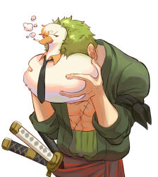 Rule 34 | 2boys, abs, animal, animalization, bird, blonde hair, cigarette, duck, green hair, green kimono, highres, holding, holding animal, japanese clothes, kimono, male focus, multiple boys, muscular, muscular male, necktie, one piece, poipoisky72, roronoa zoro, sanji (one piece), scar, scar on chest, short hair, simple background, smoking, weapon, white background