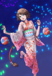 Rule 34 | 00s, 1girl, aasan (sphynx8888), breasts, female focus, final fantasy, final fantasy x, final fantasy x-2, happy, highres, japanese clothes, kimono, official alternate costume, sandals, smile, solo, yukata, yuna, yuna (ff10)