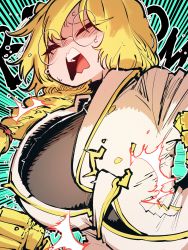 Rule 34 | 1girl, blonde hair, blush, braid, breasts, bursting breasts, closed eyes, exploding clothes, glasses, gloves, highres, indie virtual youtuber, lab coat, large breasts, long hair, open mouth, round eyewear, solo, ssambatea, virtual youtuber, wootsang (vtuber), yellow gloves
