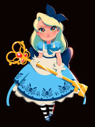 Rule 34 | 1girl, alice (alice in wonderland), alice in wonderland, aqua dress, aqua ribbon, blonde hair, bow, brown background, collared dress, commentary, dress, frilled sleeves, frills, full body, gloves, highres, holding, holding key, key, long hair, looking at viewer, magical girl, mz09, nose, nostrils, pantyhose, petticoat, puffy short sleeves, puffy sleeves, ribbon, shoes, short sleeves, simple background, smile, solo, standing, striped clothes, striped legwear, striped pantyhose, white gloves