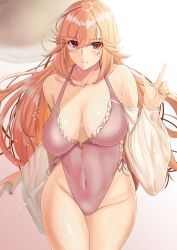 Rule 34 | 1girl, azur lane, bare legs, bare shoulders, blonde hair, blush, breasts, covered navel, gradient background, hair ornament, highleg, highleg swimsuit, highres, large breasts, long hair, long sleeves, looking at viewer, nail polish, one-piece swimsuit, open mouth, pink nails, pink one-piece swimsuit, red eyes, richelieu (azur lane), richelieu (fleuron of the waves) (azur lane), smile, solo, swimsuit, thighs, very long hair, yuhica