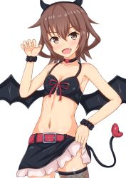 Rule 34 | alternate costume, bat wings, blush, breasts, brown eyes, brown hair, hair between eyes, hair ornament, hairclip, halloween, halloween costume, happy halloween, heart, ikazuchi (kancolle), kantai collection, linfa (futari midara), looking at viewer, miniskirt, open mouth, ribbon, short hair, simple background, skirt, small breasts, solo, tail, white background, wings
