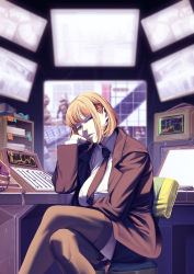 Rule 34 | 1girl, absurdres, black coat, black necktie, blonde hair, breasts, brown thighhighs, chair, coat, collared shirt, crossed legs, gloves, half gloves, hand on own cheek, hand on own face, highres, large breasts, looking to the side, necktie, original, papers, phone, screen, shirt, short hair, sidelocks, sitting, sticky note, switch, thighhighs, white shirt, whiteboard, zuoteng lucha