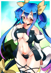 Rule 34 | 1girl, asymmetrical wings, bad id, bad pixiv id, bare shoulders, blue hair, bow, breasts, choker, dizzy (guilty gear), guilty gear, hair bow, large breasts, long hair, navel, red eyes, ribbon, shie (m417), solo, tail, tail ornament, tail ribbon, thighhighs, twintails, underboob, wings
