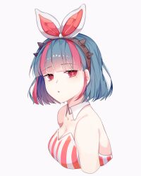 Rule 34 | 1girl, :o, animal ears, aqua hair, bare shoulders, black hairband, blunt bangs, bob cut, breasts, cat ears, cleavage, collar, collarbone, commentary, cropped arms, cropped torso, detached collar, expressionless, hairband, highres, large breasts, leotard, looking at viewer, maplestory, maplestory 2, medium hair, mole, mole under eye, multicolored hair, nyaruin, open mouth, pink eyes, pink hair, portrait, red leotard, simple background, solo, spiked hairband, spikes, streaked hair, striped clothes, striped leotard, two-tone hair, vanilla (maplestory 2), vertical-striped clothes, vertical-striped leotard, white background, white collar, white headwear, white leotard