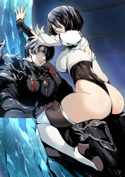 Rule 34 | 1boy, 1girl, 2p (nier:automata), adventurer (ff14), alternate color, armor, ass, black hair, boots, club3, crossover, crystal, curvy, dark-skinned female, dark knight (final fantasy), dark skin, facial hair, final fantasy, final fantasy xiv, highleg, highleg leotard, highres, hyur, leotard, looking at viewer, manly, nier:automata, nier (series), photoshop (medium), player 2, scar, shiny skin, sitting, sitting on lap, sitting on person, stubble, thigh boots, thighhighs, thighhighs under boots, thong leotard, throne, warrior of light (ff14), white blindfold, wide hips