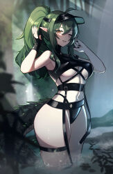 Rule 34 | 1girl, antenna hair, arknights, artist name, bare arms, bare shoulders, black gloves, breasts, commentary request, cowboy shot, crocodilian tail, fingerless gloves, gavial (arknights), gloves, green hair, green tail, grin, highres, long hair, looking at viewer, medium breasts, navel, official alternate costume, parted lips, pointy ears, ponytail, psidubs, revision, single glove, smile, solo, standing, stomach, swimsuit, tail, thigh strap, thighs, twitter username, underboob, visor cap, wading, yellow eyes