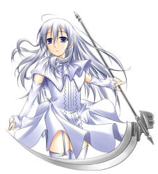 Rule 34 | 00s, 1girl, blue eyes, dress, looking at viewer, momo (shinigami no ballad), ribucci, scythe, shinigami no ballad, solo, thighhighs, white background, white hair, white thighhighs