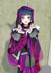 Rule 34 | 1girl, :o, absurdres, black thighhighs, blue hair, deadnooodles, earrings, flower, frilled sleeves, frills, highres, hood, hood up, hooded robe, horned hood, horns, indoors, jewelry, kobayashi aika, lace, long sleeves, looking at viewer, love live!, love live! sunshine!!, multicolored nails, nail polish, photo-referenced, polka dot, purple flower, purple rose, robe, rose, solo, thighhighs, tsushima yoshiko, voice actor connection