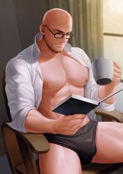 Rule 34 | 1boy, abs, bald, bara, black male underwear, blouse, book, coffee, collared shirt, copyright request, day, facial hair, glasses, highres, holding, holding book, large pectorals, male focus, male underwear, nipples, no pants, open clothes, open shirt, pectorals, reading, realistic, saolin (wudangx), shirt, sitting, sleeves rolled up, smile, solo, stubble, thighs, underwear, window