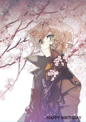 Rule 34 | 1boy, absurdres, blonde hair, branch, brown coat, cherry blossoms, coat, commentary request, eugeo, flower, from side, gloves, green eyes, happy birthday, highres, holding, jacket, jianmo sl, long sleeves, looking at viewer, male focus, outdoors, petals, short hair, smile, solo, sweater, sword art online, upper body