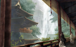 Rule 34 | 1girl, 2boys, architecture, east asian architecture, highres, japanese clothes, miko, multiple boys, ninja, nyohoho, original, pagoda, scenery, temple, wallpaper, water, waterfall