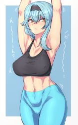 Rule 34 | 1girl, armpits, arms up, black hairband, blue hair, blue pants, breasts, collarbone, commentary request, cowboy shot, crop top, eula (genshin impact), genshin impact, hair between eyes, hairband, highres, ishibori eregomos, large breasts, leggings, long hair, looking at viewer, midriff, navel, pants, solo, sports bra, standing, stomach, translation request, yellow eyes
