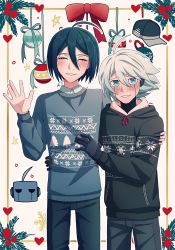Rule 34 | 2boys, ahoge, android, black hair, black hoodie, black pants, blue eyes, blush, cheer (cheerpuppy14), christmas ornaments, closed eyes, commentary, danganronpa (series), danganronpa v3: killing harmony, english commentary, facing viewer, green sweater, grey hair, hand on another&#039;s hip, hand on another&#039;s shoulder, hat, heart, highres, hood, hoodie, k1-b0, long sleeves, male focus, multiple boys, pants, saihara shuichi, short hair, smile, sweater, symbol-only commentary, teeth, unworn hat, unworn headwear, white background