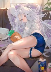 Rule 34 | 1girl, animal ears, ass, bare legs, blue shorts, blush, can, carrot, clothing cutout, cutoffs, dated, dema hmw, drunk, feet out of frame, floppy ears, forehead, glint, hair between eyes, highres, leotard, leotard under clothes, long hair, long sleeves, looking at viewer, lying, messy hair, on side, original, parted lips, rabbit ears, rabbit girl, rabbit tail, red eyes, shirt, short shorts, shorts, signature, solo, sparkle, tail, tail through clothes, thighs, torn clothes, torn shorts, very long hair, white bag, white hair, white leotard, white shirt