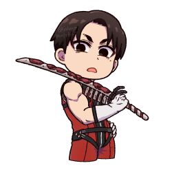 Rule 34 | 1boy, akabane sousei, angry, cowboy shot, empty eyes, gloves, hand on own hip, holding, holding sword, holding weapon, jumpsuit, male focus, mole, mole under eye, open mouth, pasumura, red jumpsuit, sentai dai shikkaku, short eyebrows, short hair, sleeveless, solo, sword, weapon, white background, white gloves