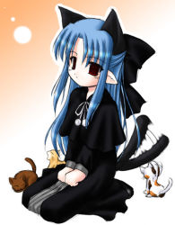 Rule 34 | 00s, 1girl, animal ears, black bow, blue hair, bow, capelet, cat, cat ears, empty eyes, expressionless, hair bow, half updo, len (tsukihime), mizuna (water emp-tei), parted bangs, pointy ears, seiza, sitting, solo, tail, tail wagging, tsukihime