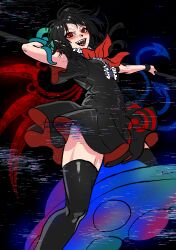 Rule 34 | 1girl, absurdres, arm behind head, asymmetrical wings, black background, black dress, black hair, black thighhighs, blue wings, blush, bow, bowtie, buttons, center frills, dress, frills, glitch, highres, holding, holding polearm, holding weapon, houjuu nue, kuya (hey36253625), looking at viewer, open mouth, pointy ears, polearm, red bow, red bowtie, red eyes, red wings, sharp teeth, short dress, short hair, short sleeves, simple background, snake, solo, straddling, teeth, thighhighs, tomoe (symbol), touhou, ufo, weapon, wings, wristband