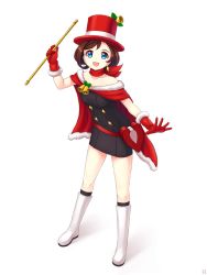 Rule 34 | 1girl, :d, ace attorney, aposine, baton, bell, black dress, black socks, blue eyes, boots, brown hair, cape, christmas, collarbone, commentary, dress, english commentary, fur trim, gloves, hat, highres, holding, kerchief, kneehighs, looking at viewer, open mouth, outstretched arm, red cape, red gloves, red hat, simple background, smile, socks, solo, standing, top hat, trucy wright, white background, white footwear
