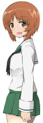 Rule 34 | 1girl, brown eyes, brown hair, female focus, from side, girls und panzer, looking at viewer, ngc20701, nishizumi miho, ooarai school uniform, open mouth, short hair, solo