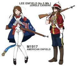 Rule 34 | alternate costume, american flag, anyan (jooho), belt, belt buckle, bolt action, boots, brown eyes, brown hair, buckle, cartridge, character name, commentary request, english text, full body, girls&#039; frontline, gloves, helmet, highres, historical american flag, holding, holding weapon, jacket, korean commentary, lee-enfield (girls&#039; frontline), long hair, long sleeves, looking at viewer, m1917 enfield, medal, multiple views, pants, pith helmet, rifle, shoes, sidelocks, simple background, sleeve cuffs, standing, sweat, weapon, white background, white gloves