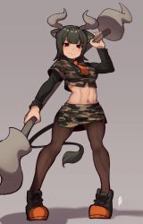 Rule 34 | 10s, 1girl, animal ears, arched back, aurochs (kemono friends), black footwear, black pantyhose, black ribbon, blush, breasts, camouflage, closed mouth, cow ears, cow horns, cow tail, crop top, dark-skinned female, dark skin, empty eyes, eyebrows, eyelashes, full body, green hair, grey background, hatagaya, holding, holding weapon, horn lance, horns, kemono friends, legs apart, light smile, long sleeves, medium breasts, miniskirt, navel, necktie, orange necktie, palms, pantyhose, pigeon-toed, red eyes, ribbon, shadow, shirt, shoelaces, shoes, short hair, short sleeves, side slit, signature, simple background, skirt, sneakers, solo, standing, stomach, tail, taut clothes, taut shirt, toned, tsurime, v-shaped eyebrows, weapon
