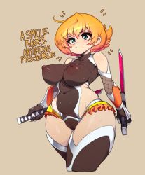 Rule 34 | 1girl, absurdres, blue eyes, bodystocking, breasts, brown background, brown thighhighs, closed mouth, commentary, covered erect nipples, english commentary, english text, highres, holding, holding sword, holding weapon, igawa sakura, large areolae, large breasts, leotard, nipples, orange hair, puffy areolae, puffy nipples, pussy, pussy peek, see-through, see-through leotard, see-through shirt, short hair, simple background, slugbox, smile, solo, sweat, sword, taimanin (series), taimanin asagi, thighhighs, thighs, upturned nipples, weapon
