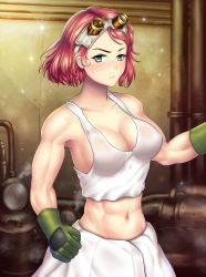 Rule 34 | 10s, 1girl, abs, absurdres, blak at, blush, breasts, cleavage, clenched hand, cowboy shot, gauge, gloves, goggles, goggles on head, green eyes, highres, koutetsujou no kabaneri, medium breasts, midriff, muscular, muscular female, navel, pink hair, short hair, solo, sweat, yukina (kabaneri)