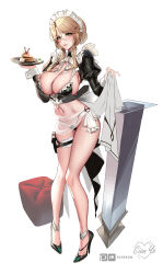 Rule 34 | 1girl, ade (nikke), artist logo, bikini, black bikini, blonde hair, breasts, cake, cake slice, cian yo, cleavage, commentary, detached collar, english commentary, food, glasses, goddess of victory: nikke, green eyes, hair bun, high heels, highres, holding, holding tray, holster, juliet sleeves, large breasts, long hair, long sleeves, looking at viewer, maid, maid bikini, maid headdress, navel, paid reward available, parted lips, puffy sleeves, see-through, smile, solo, swimsuit, thigh holster, tray, unconventional maid, white background