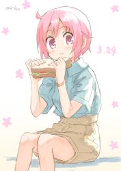 Rule 34 | 1girl, :t, blue shirt, blush, brown eyes, brown skirt, closed mouth, collared shirt, commentary request, dated, eating, feet out of frame, food, holding, holding food, looking at viewer, nonohara yuzuko, pink hair, sandwich, shirt, short hair, short sleeves, signature, sitting, skirt, solo, umiroku, white background, yuyushiki
