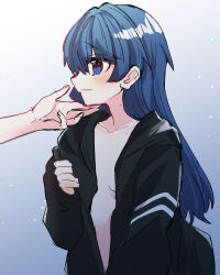Rule 34 | 2girls, blue background, blue eyes, blue hair, blush, breasts, closed mouth, collarbone, dark blue hair, gradient background, hand up, highres, hood, hood down, hooded jacket, jacket, kanduki kamibukuro, light particles, link! like! love live!, long hair, long sleeves, looking at another, looking to the side, love live!, mole, mole on neck, multiple girls, murano sayaka, open clothes, open jacket, out of frame, small breasts, solo focus, unzipped, upper body, virtual youtuber, white background, yugiri tsuzuri, yuri
