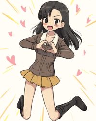 Rule 34 | 10s, 1girl, asymmetrical bangs, black footwear, black hair, blush stickers, boots, brown eyes, brown jacket, commentary, full body, girls und panzer, heart, heart hands, jacket, jumping, knee boots, light rays, long hair, long sleeves, looking at viewer, meis (terameisu), military, military uniform, miniskirt, nishi kinuyo, open mouth, pleated skirt, shirt, skirt, smile, solo, uniform, v-shaped eyebrows, white shirt, yellow skirt