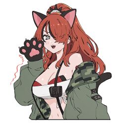 Rule 34 | 1girl, animal ears, animal hands, black hair, breasts, cat ears, fake animal ears, gloves, green jacket, grey eyes, hair over one eye, highres, jacket, lain paterson, lain paterson (1st costume), large breasts, long hair, multicolored hair, nijisanji, open mouth, paw gloves, ponytail, red hair, simple background, smile, solo, strapless, streaked hair, suspenders, ta0oxo0ma, tube top, virtual youtuber, white background